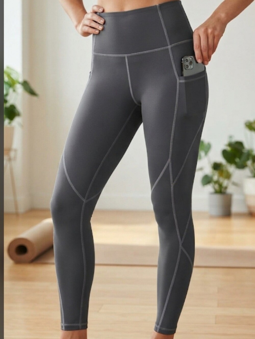 Lingswallow High-waist Gray Yoga Pants Side Pockets Tummy Control Size Med